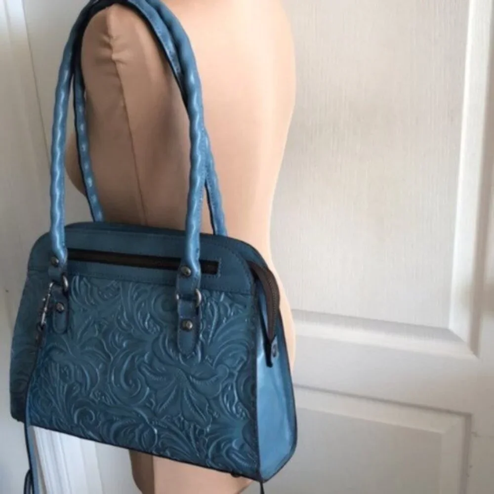 PATRICIA NASH LEATHER CALVI TOOLED FLORAL SATCHEL CROSSBODY SAFFLOWER BLUE